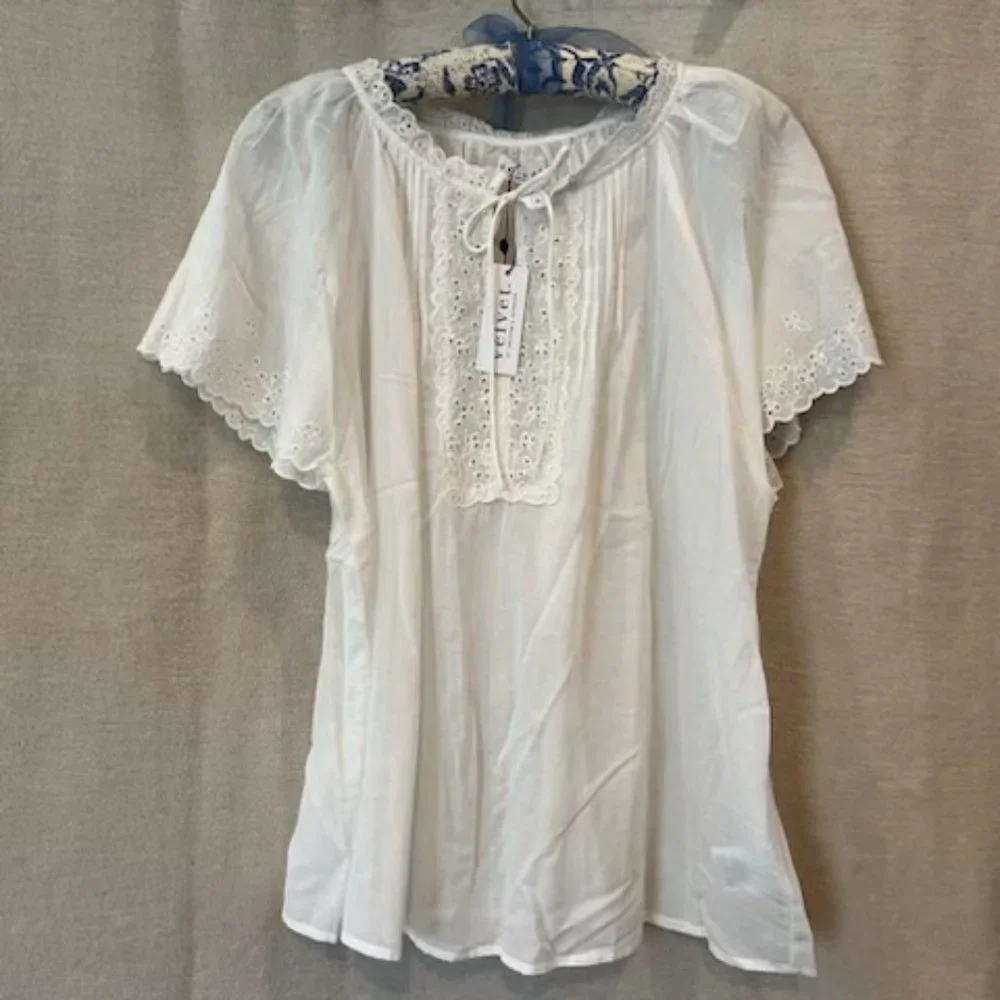 Velvet by Graham and Spencer White Eyelet Cotton Peasant Blouse - Picture 1 of 3